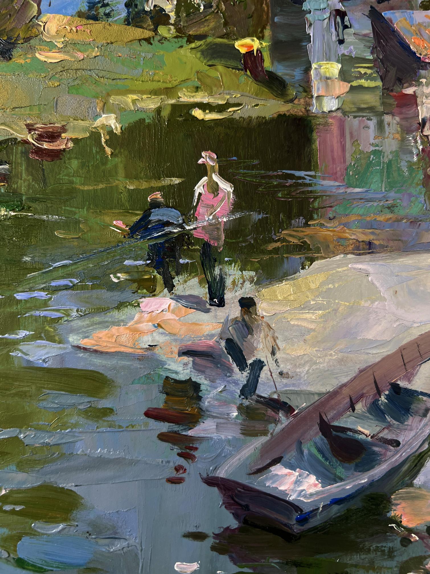 Oil painting by Yuriy Suprunchuk: fishermen resting near shore in impressionist style