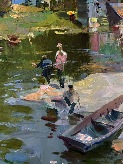 Oil painting by Yuriy Suprunchuk: fishermen resting near shore in impressionist style