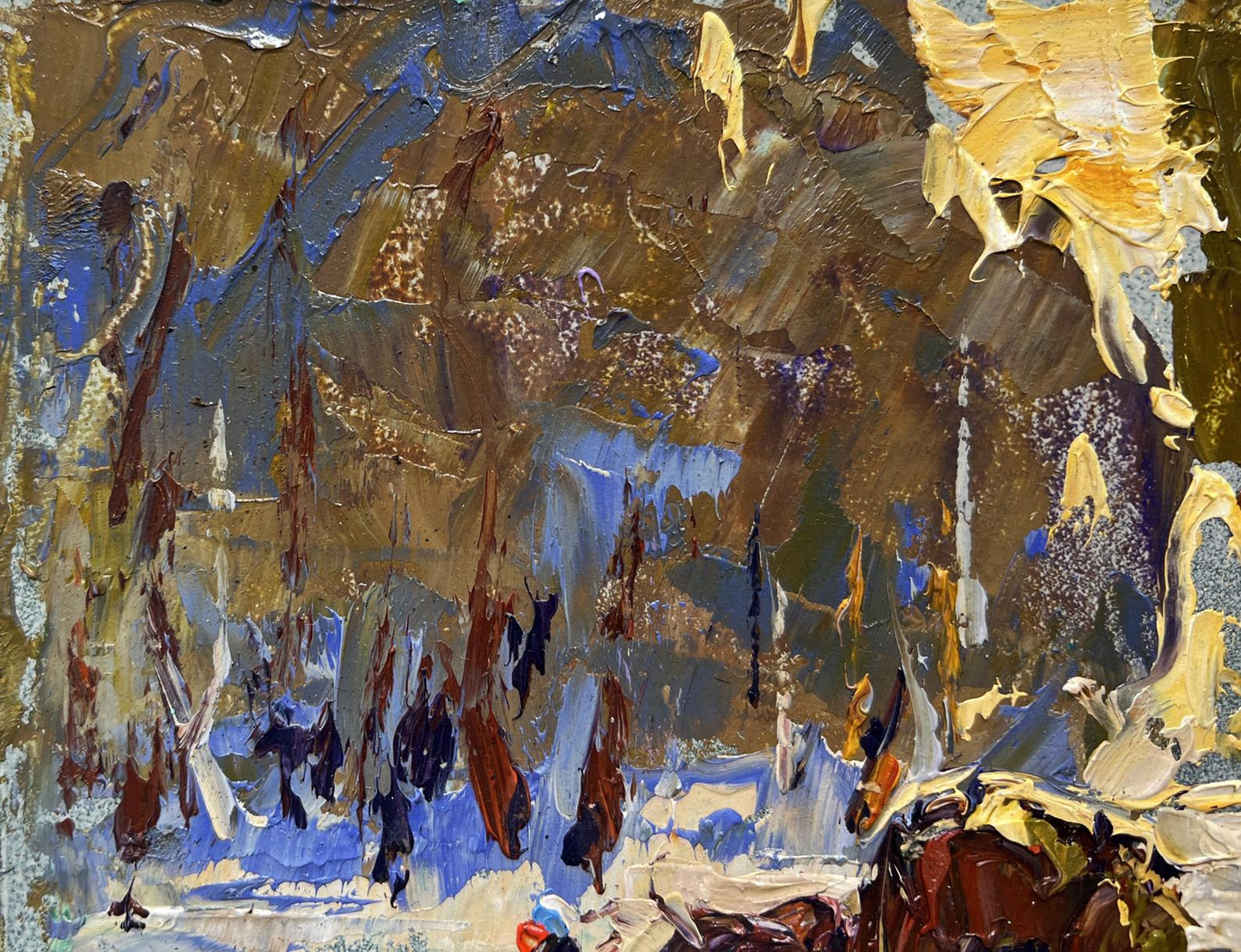 Oil painting Winter evening in the forest by Oleksiy Ivanyuk, textured impasto gold brown blue