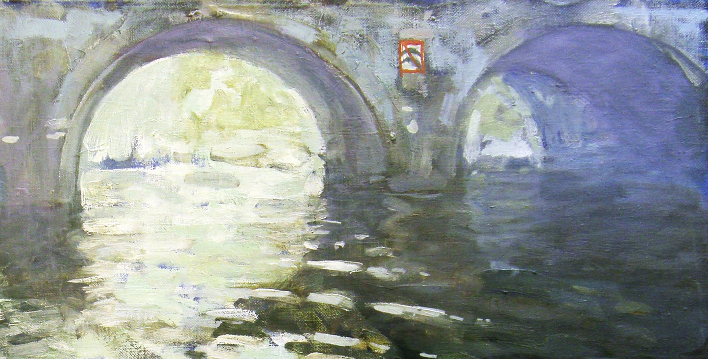 Oil painting of ancient muted blue gray stone arch bridge by Ed Potapenkov