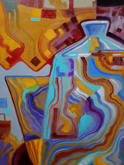 Oil painting Coffee time by Sergiy Voichenko: vibrant vase in blue purple swirls