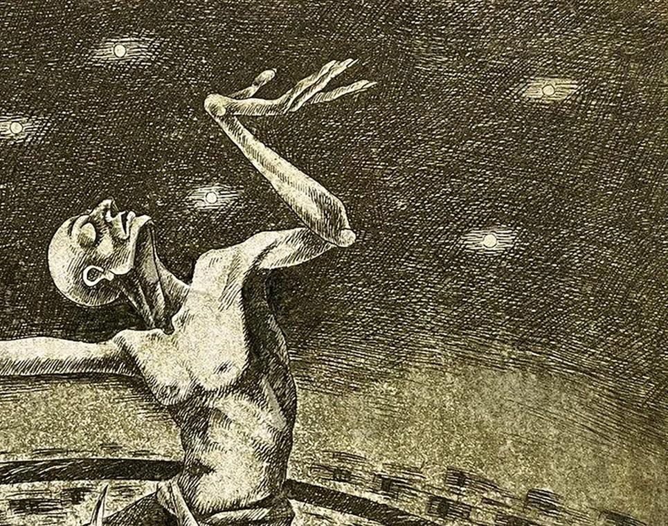 Detailed black-and-white etching of nude figure in Supplication by Oleksandr Zhmailo