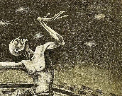 Detailed black-and-white etching of nude figure in Supplication by Oleksandr Zhmailo