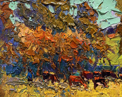 Vibrant impressionist oil painting The queue for the pasture by Oksana Ivanyuk