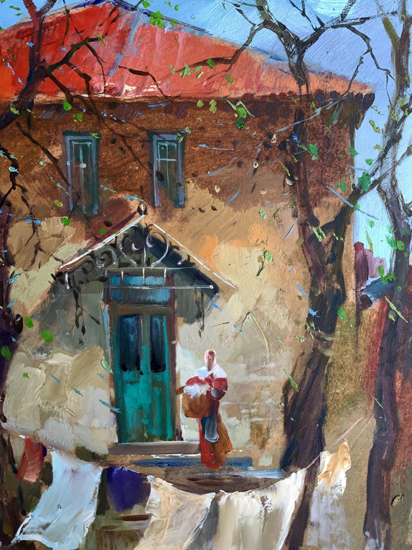 Oil painting of rustic stone house with red roof, teal door by Yuriy Suprunchuk