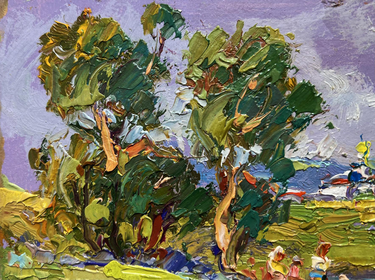 A vibrant impressionist painting featuring two lush, textured trees with thick green and yellow foliage against a soft purple sky.