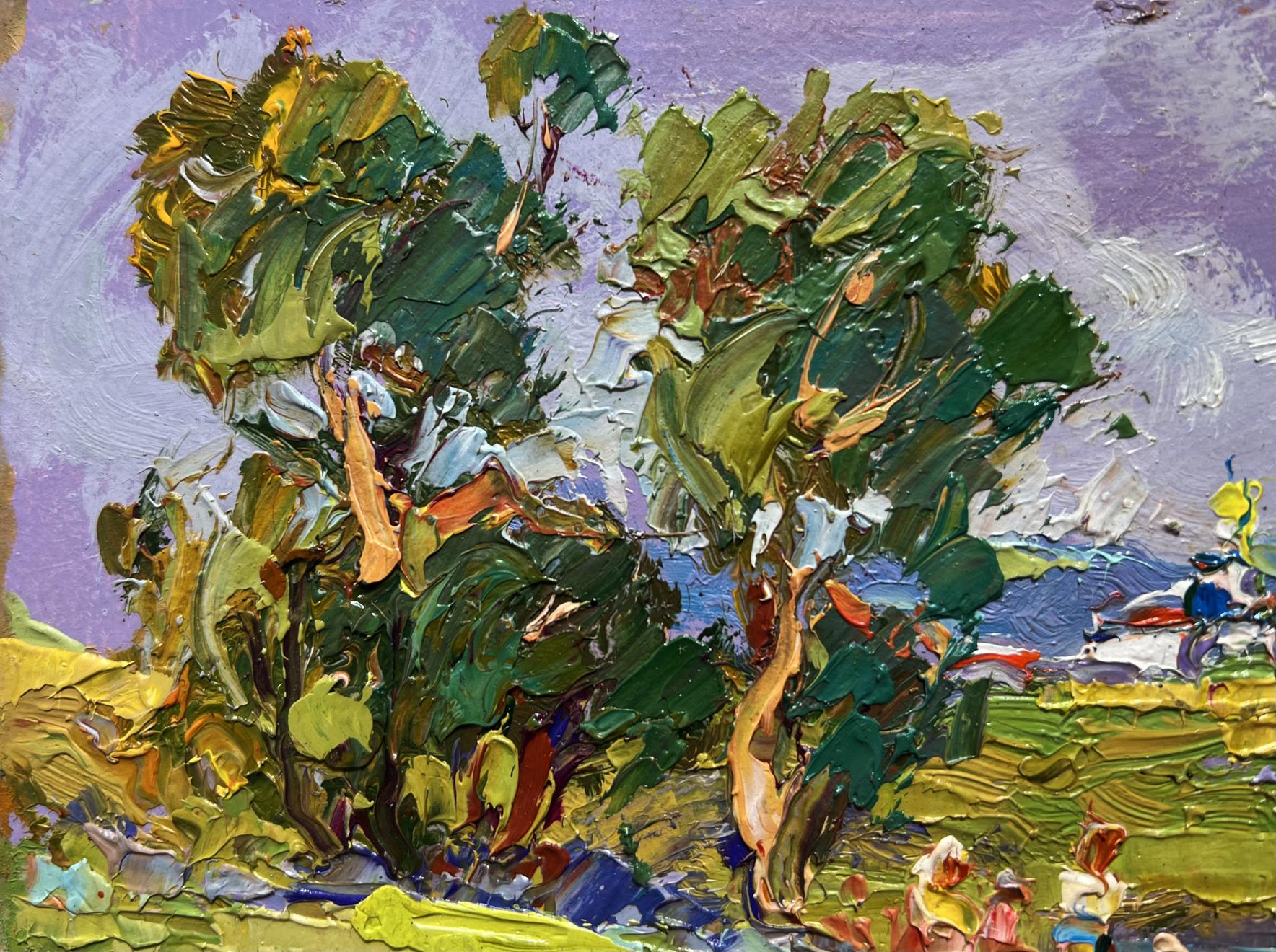 A vibrant impressionist painting featuring two lush, textured trees with thick green and yellow foliage against a soft purple sky.