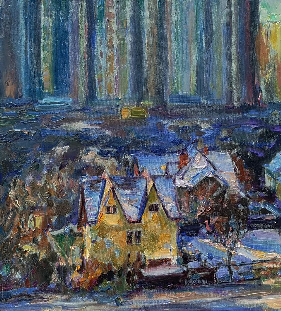 Vibrant yellow house by Leonid Pavlenko, snow-dusted roof in winter landscape oil painting