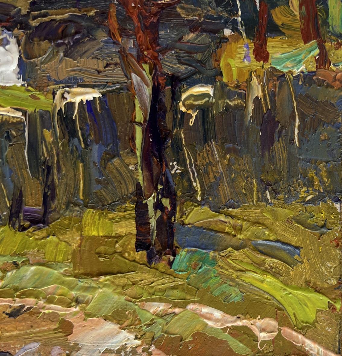 Impasto oil painting of houses near forest by Oksana Ivanyuk