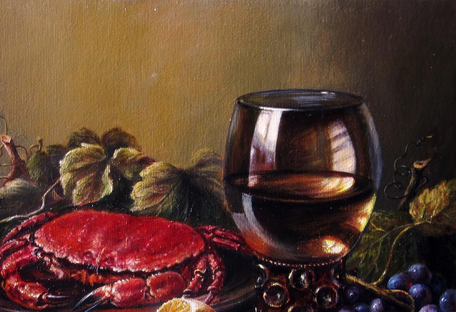 Oil painting Still life with a crab Valeriy Bulat: red wine glass, crab, grapes
