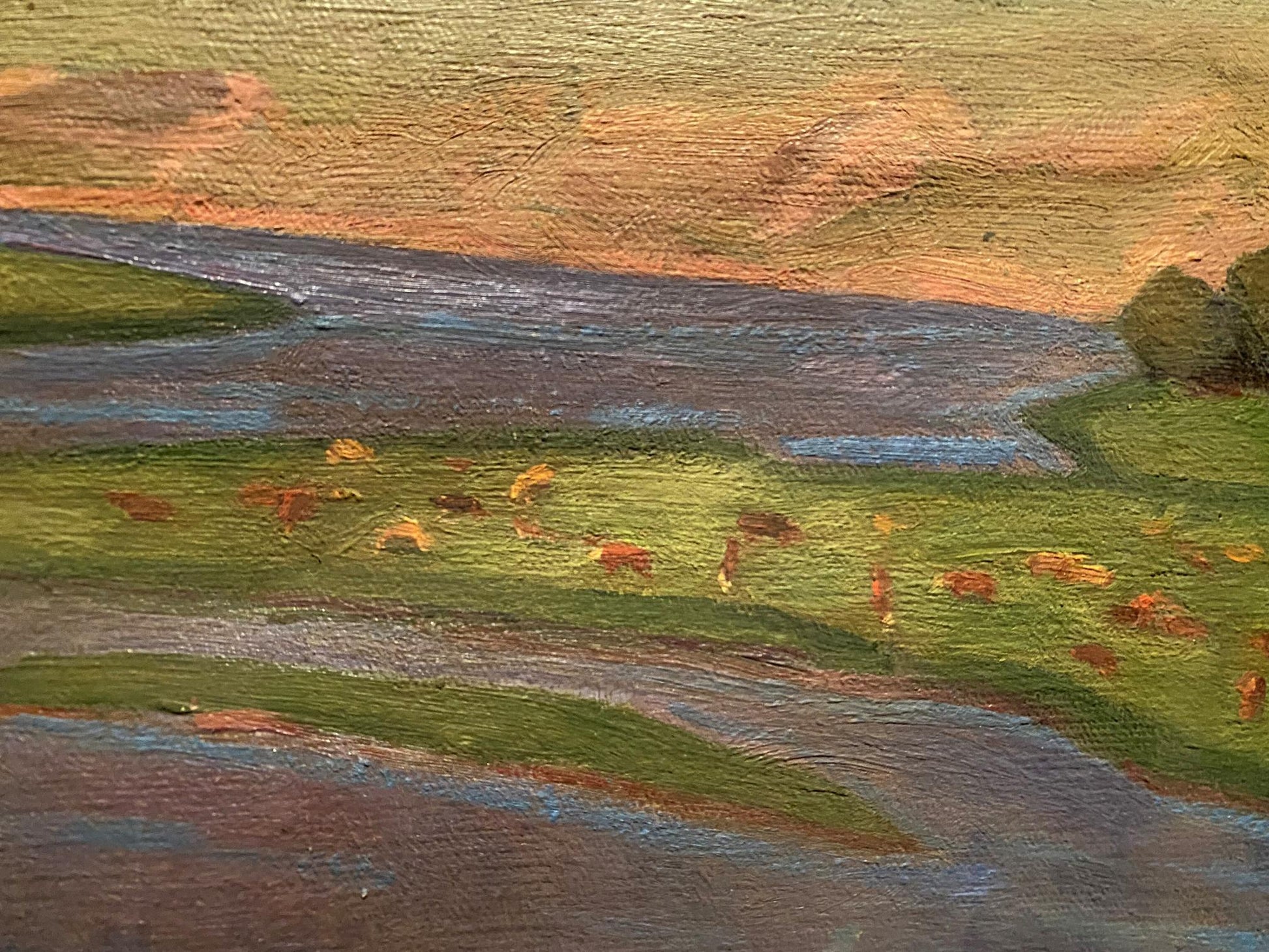 Oil painting River View by Nikolai Hrustalenko: pastoral hills and river