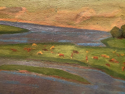 Oil painting River View by Nikolai Hrustalenko: pastoral hills and river