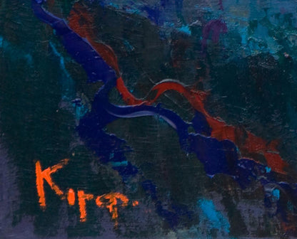 Oil painting Evening at home by Natalia Korf-Ivaniuk with blue red swirls