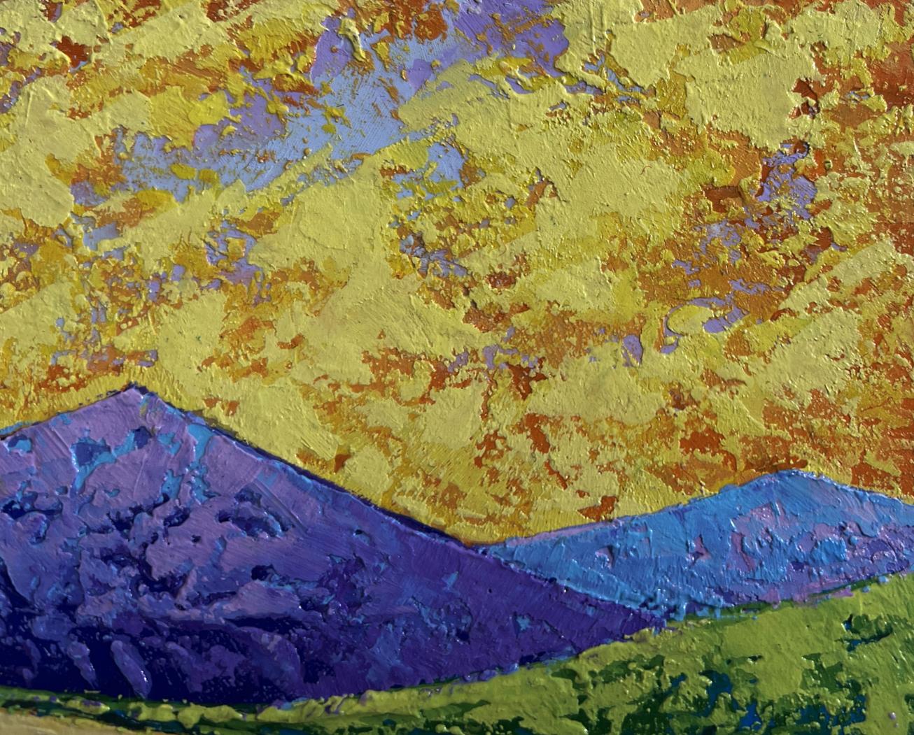 Vibrant oil painting by V. Zadorozhnya: purple mountains, golden sun rays on meadows