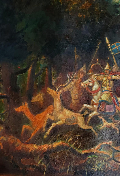 Oil painting Hunting in Ancient China by Daniil Litvinov: knights chasing deer