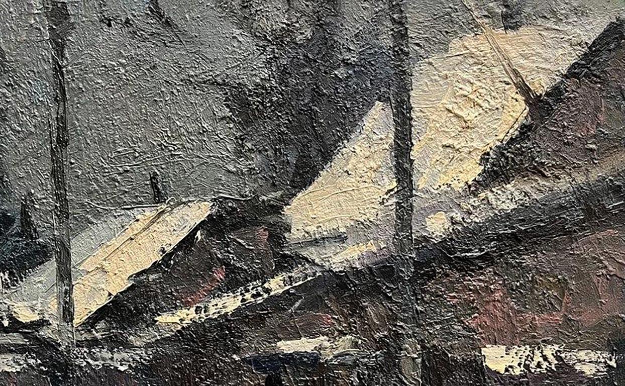 Oil painting Quiet Village by Volodymyr Pashchenko, textured abstract grays