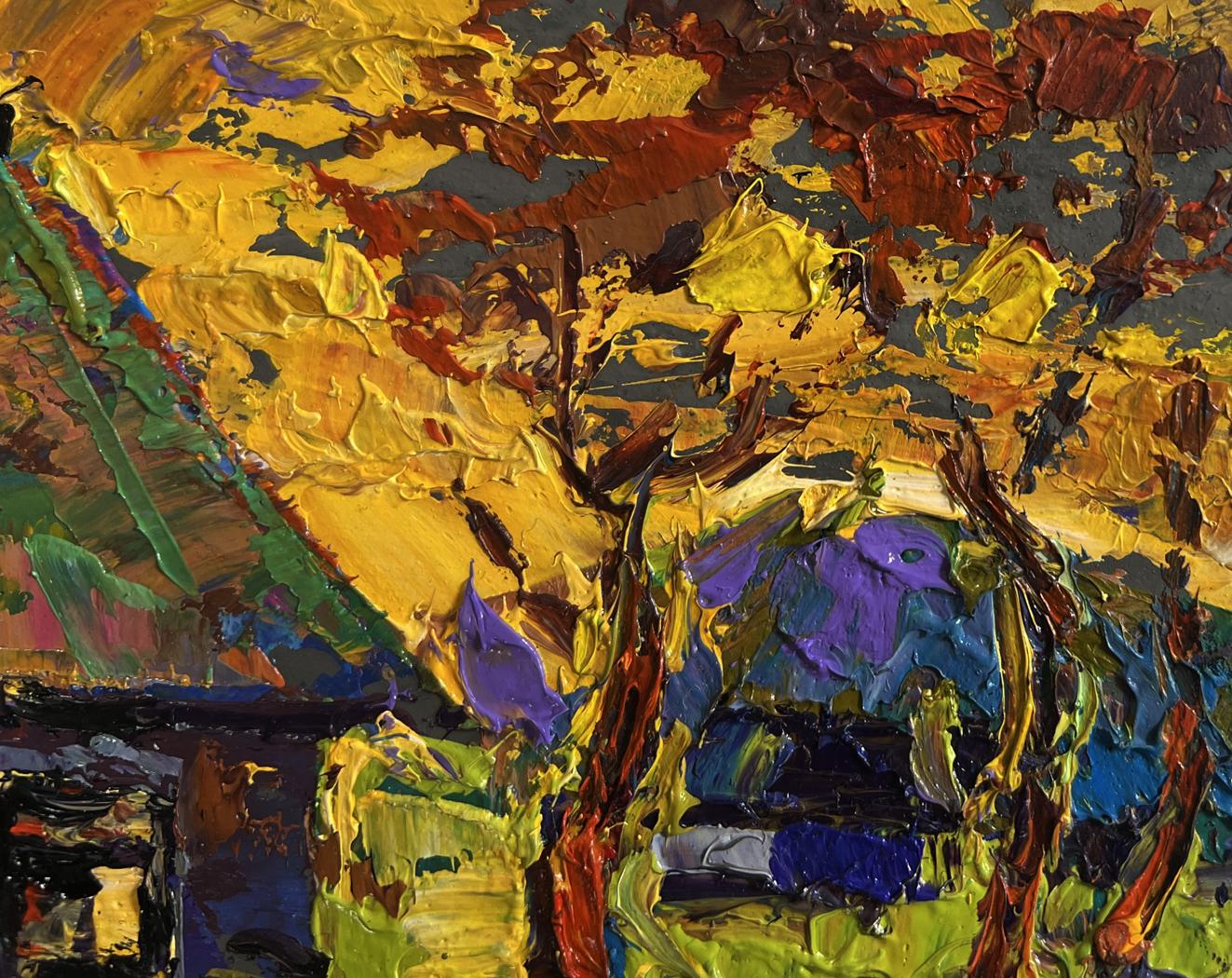 Oil painting Warm evening in the village by Oleksiy Ivanyuk, vibrant yellow purple green impasto