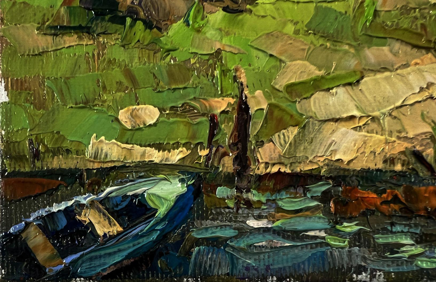 Oil painting of blue boat in village near swamps by Oksana Ivanyuk