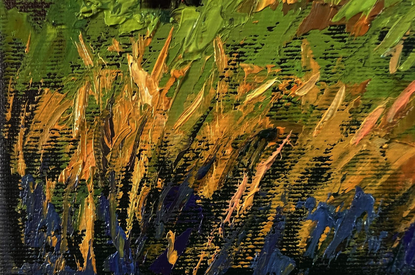 Oil painting Sunset over the meadows by Oleksiy Ivanyuk, textured green orange blue strokes