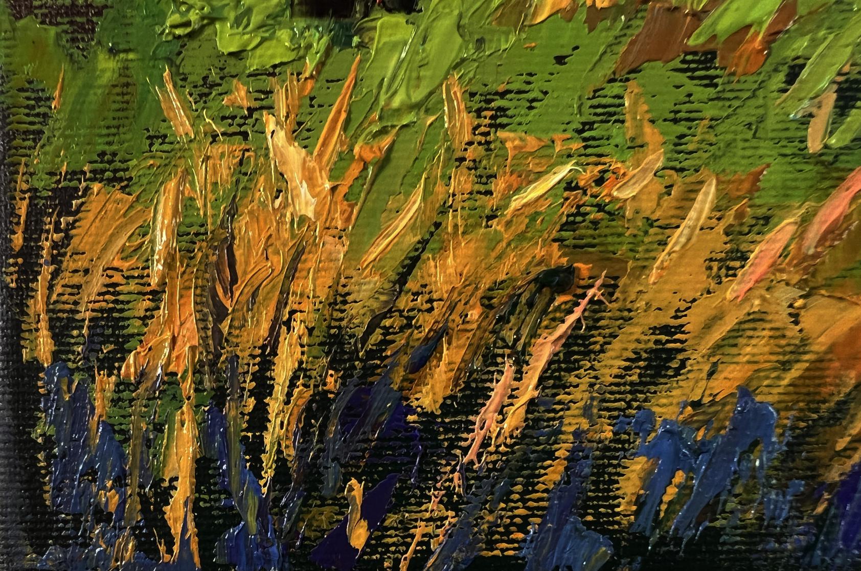 Oil painting Sunset over the meadows by Oleksiy Ivanyuk, textured green orange blue strokes