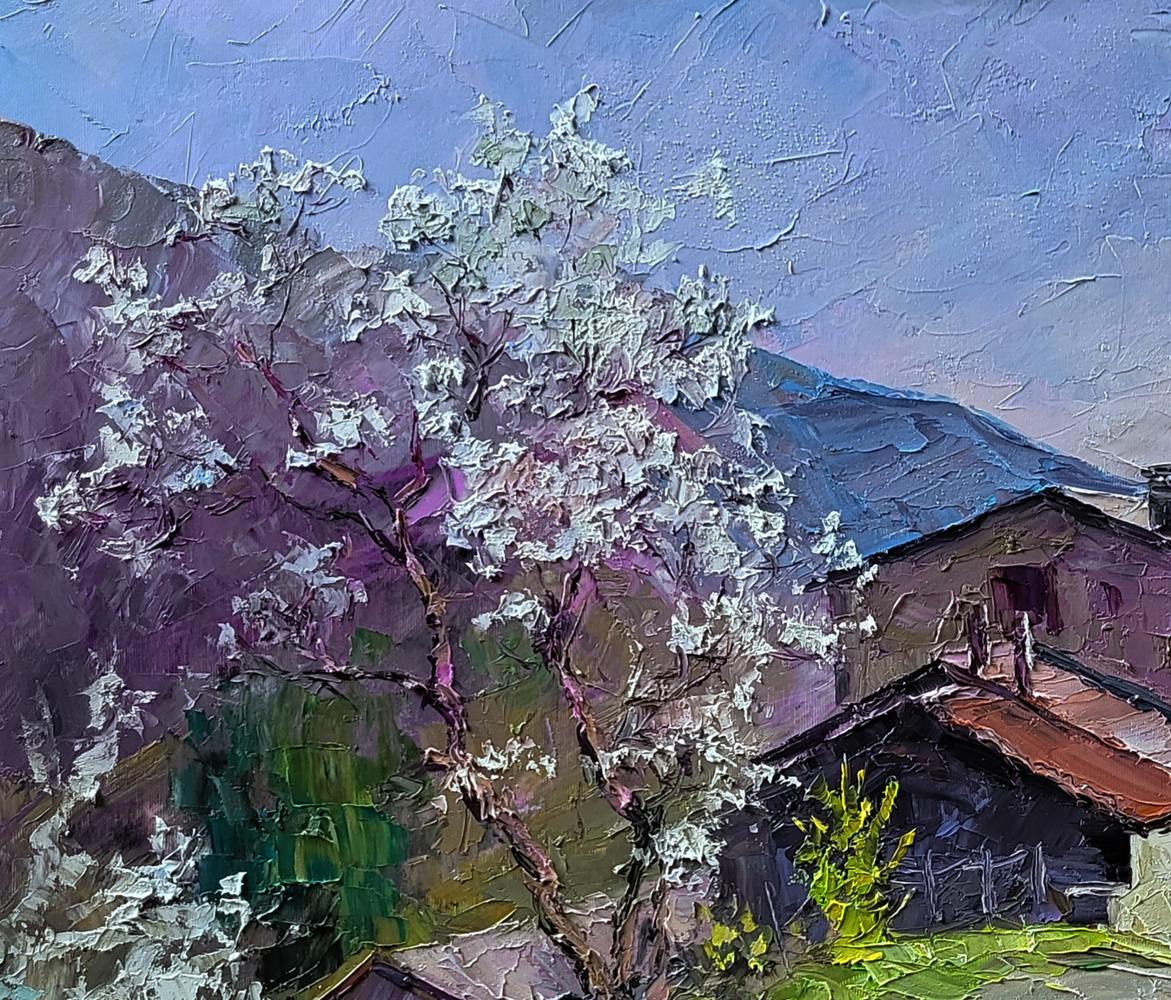 Oil painting of Boris Serdyuk village in purple mountains with blossoming tree