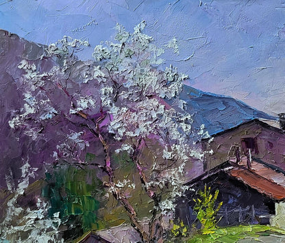 Oil painting of Boris Serdyuk village in purple mountains with blossoming tree