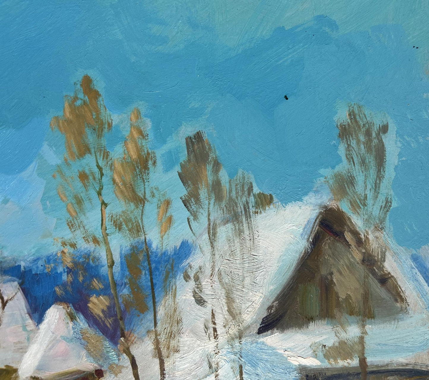 Oil painting Village Winter Tale by Yuriy Suprunchuk: snowy rooftops, bare trees, blue sky