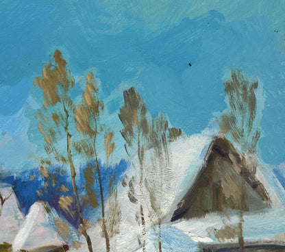 Oil painting Village Winter Tale by Yuriy Suprunchuk: snowy rooftops, bare trees, blue sky