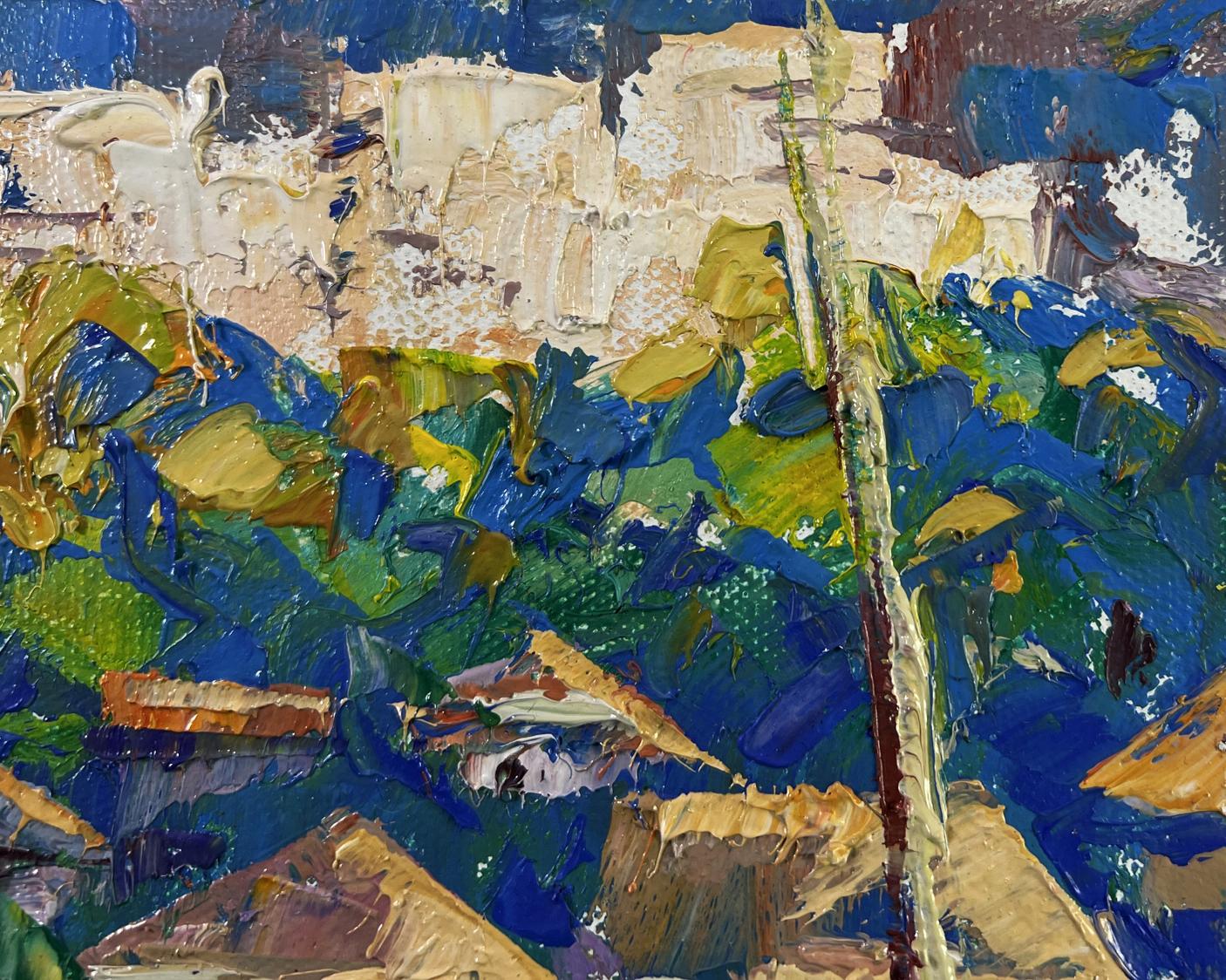 Vibrant impressionist oil painting by Oleksiy Ivanyuk, sunlight through houses