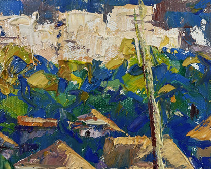 Vibrant impressionist oil painting by Oleksiy Ivanyuk, sunlight through houses