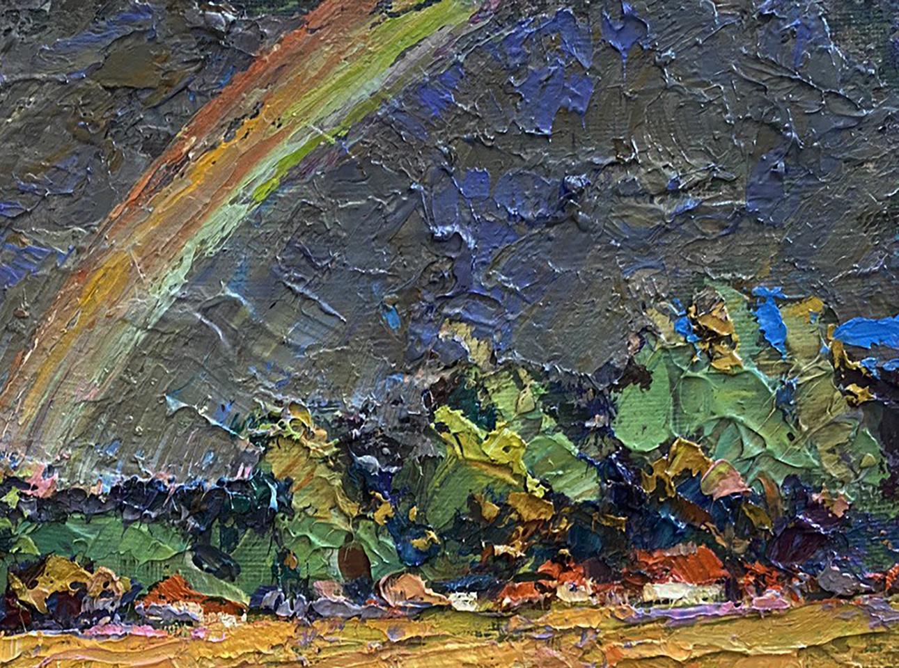 Oil painting Rainbow after the rain by Oksana Ivanyuk, vibrant rainbow over lush foliage