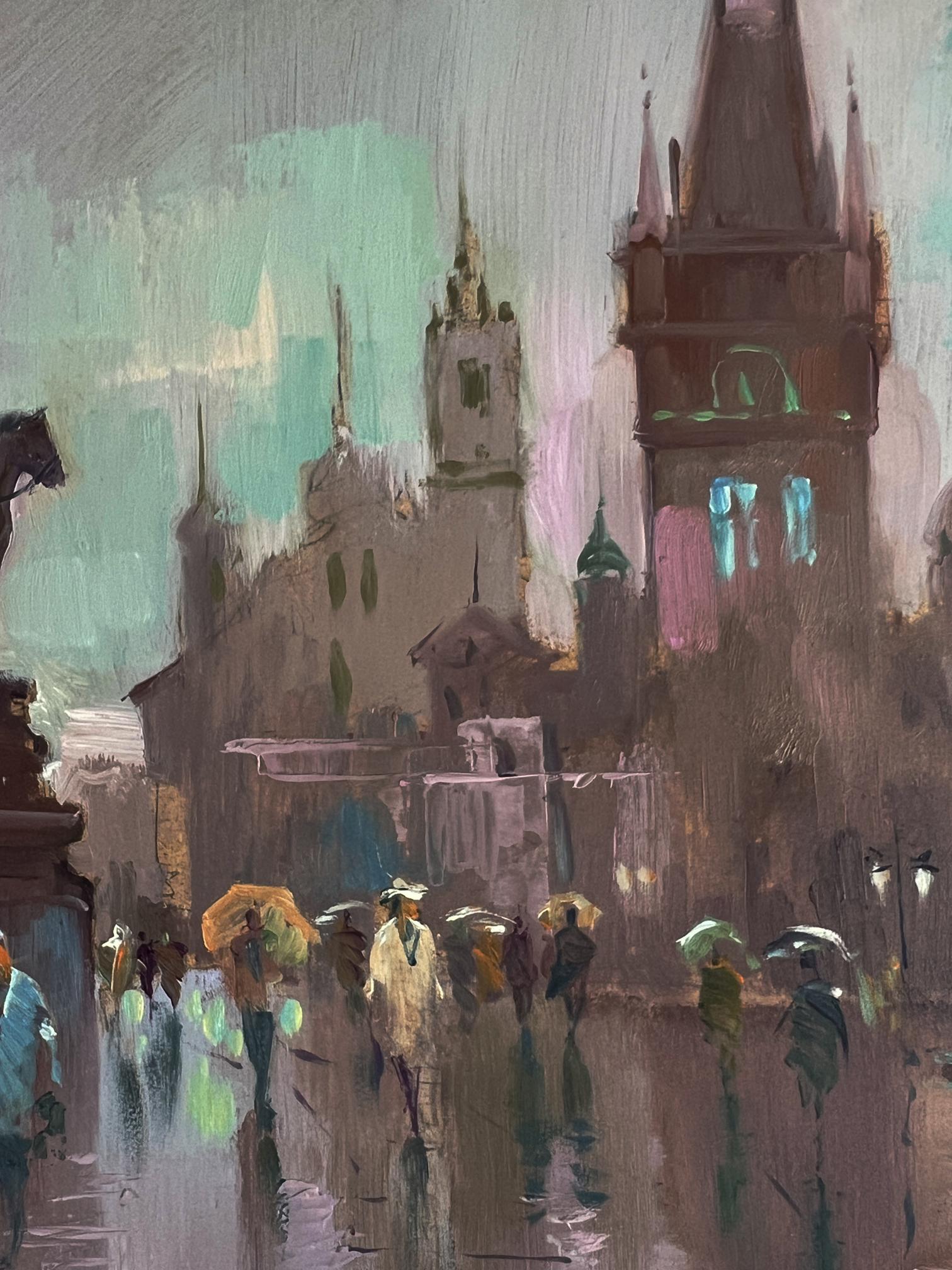 Moody impressionistic oil painting of Yuriy Suprunyuks rainy city square