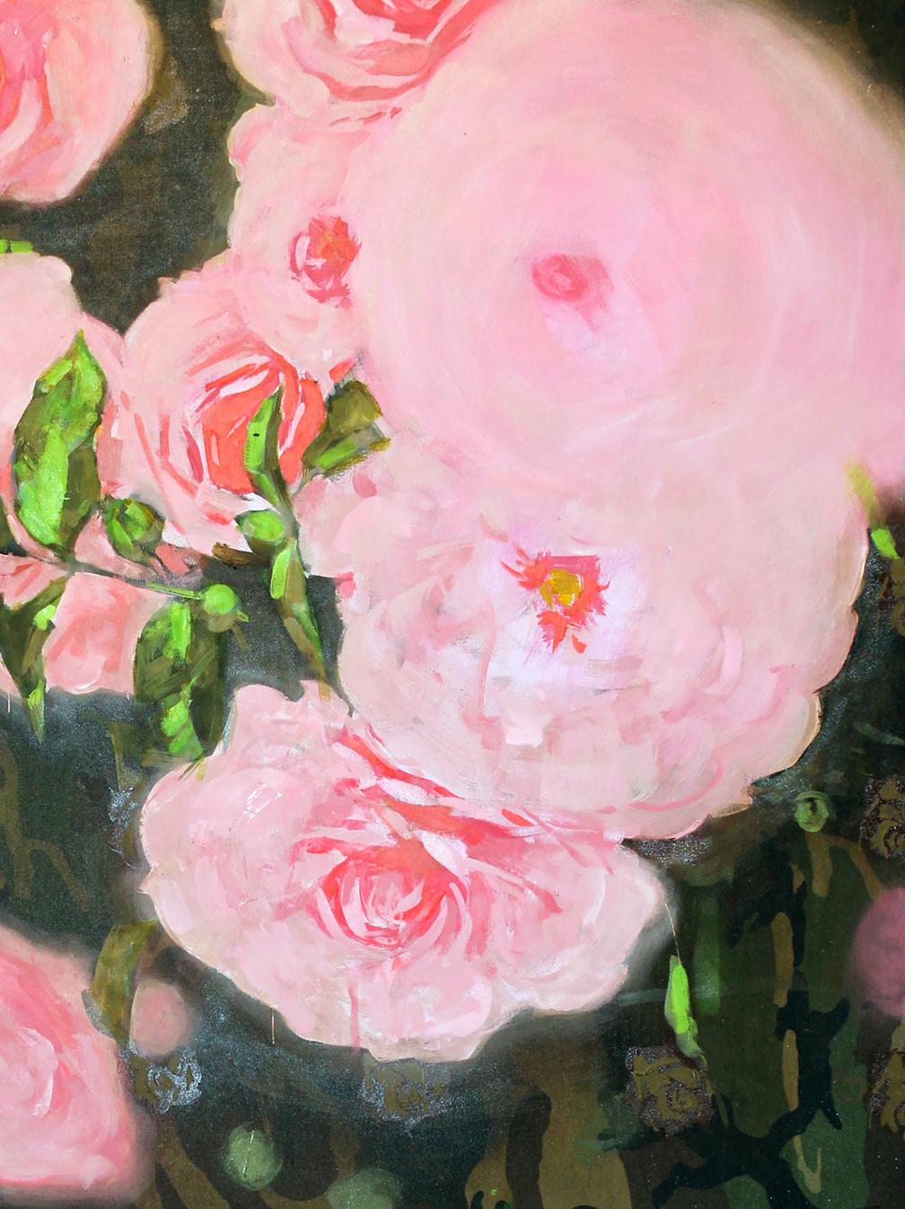 Oil painting Briar Ed Potapenkov: soft pink rose with delicate petals and green leaves on dark background