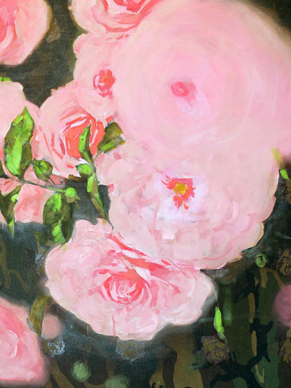 Oil painting Briar Ed Potapenkov: soft pink rose with delicate petals and green leaves on dark background