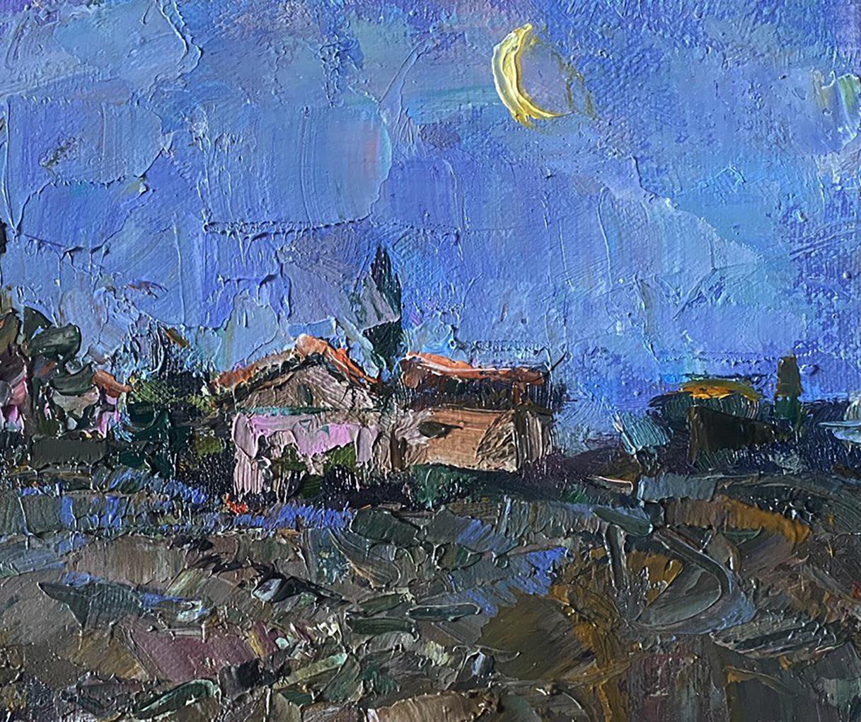 Oil painting Moon morning by Oleksiy Ivanyuk village night sky crescent moon