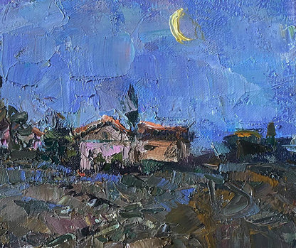 Oil painting Moon morning by Oleksiy Ivanyuk village night sky crescent moon
