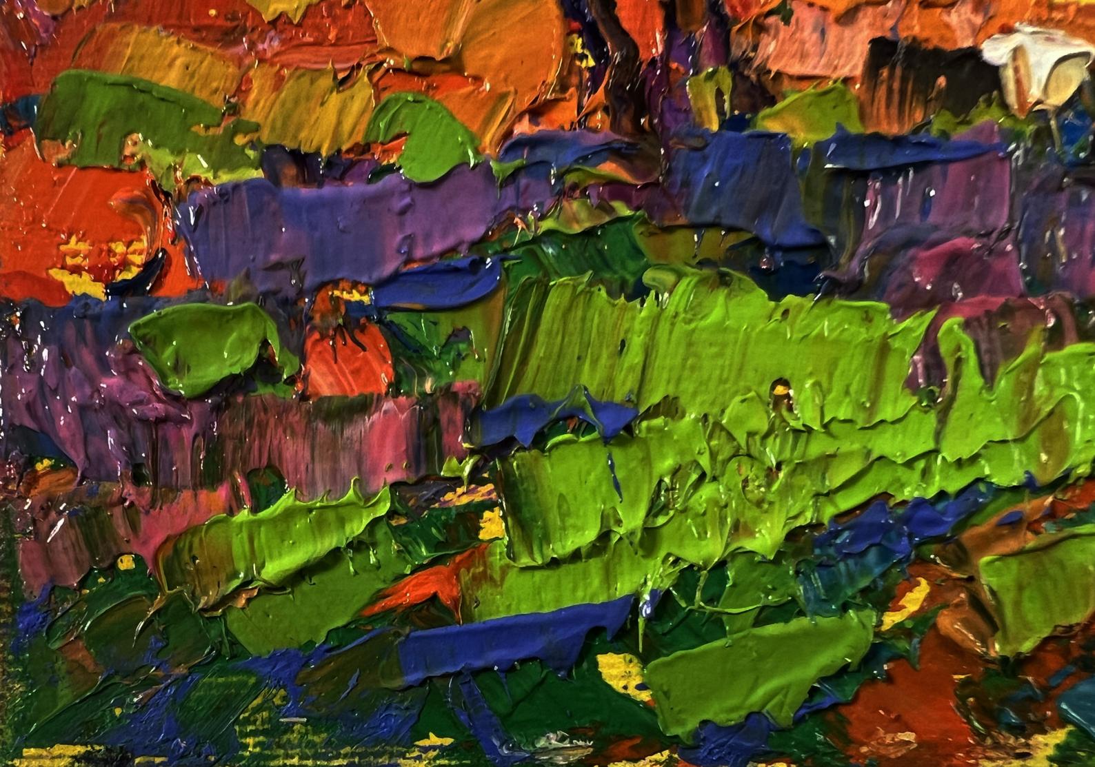 Vibrant Morning Meadows oil painting by Oksana Ivanyuk with bold green, purple strokes
