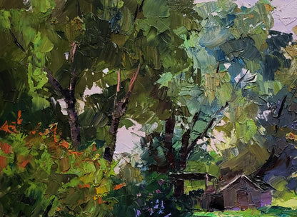 Oil painting Green leaves of spring Boris Serdyuk lush trees cabin