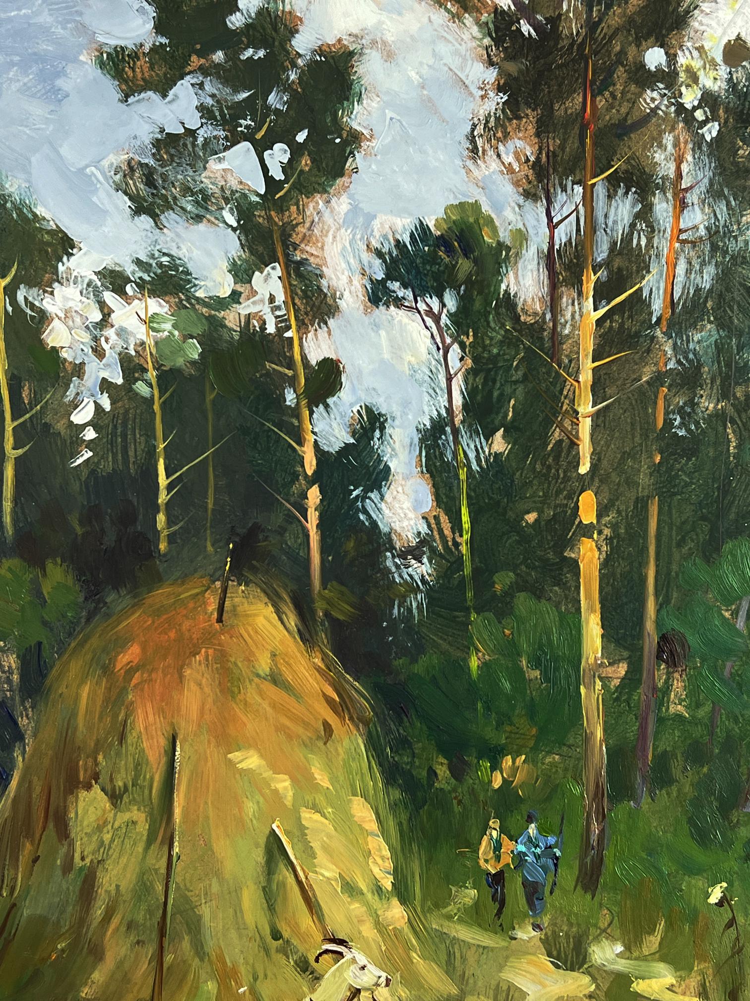 Oil painting of rustic hay bale in sunlit forest clearing by Yuriy Suprunchuk