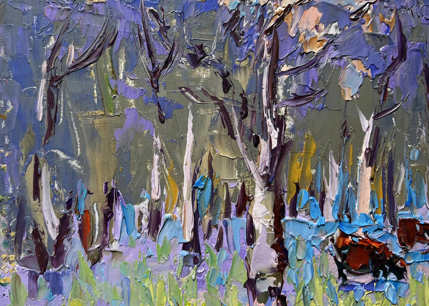 Abstract impressionist oil painting of early spring forest bloom by Oleksiy Ivanyuk