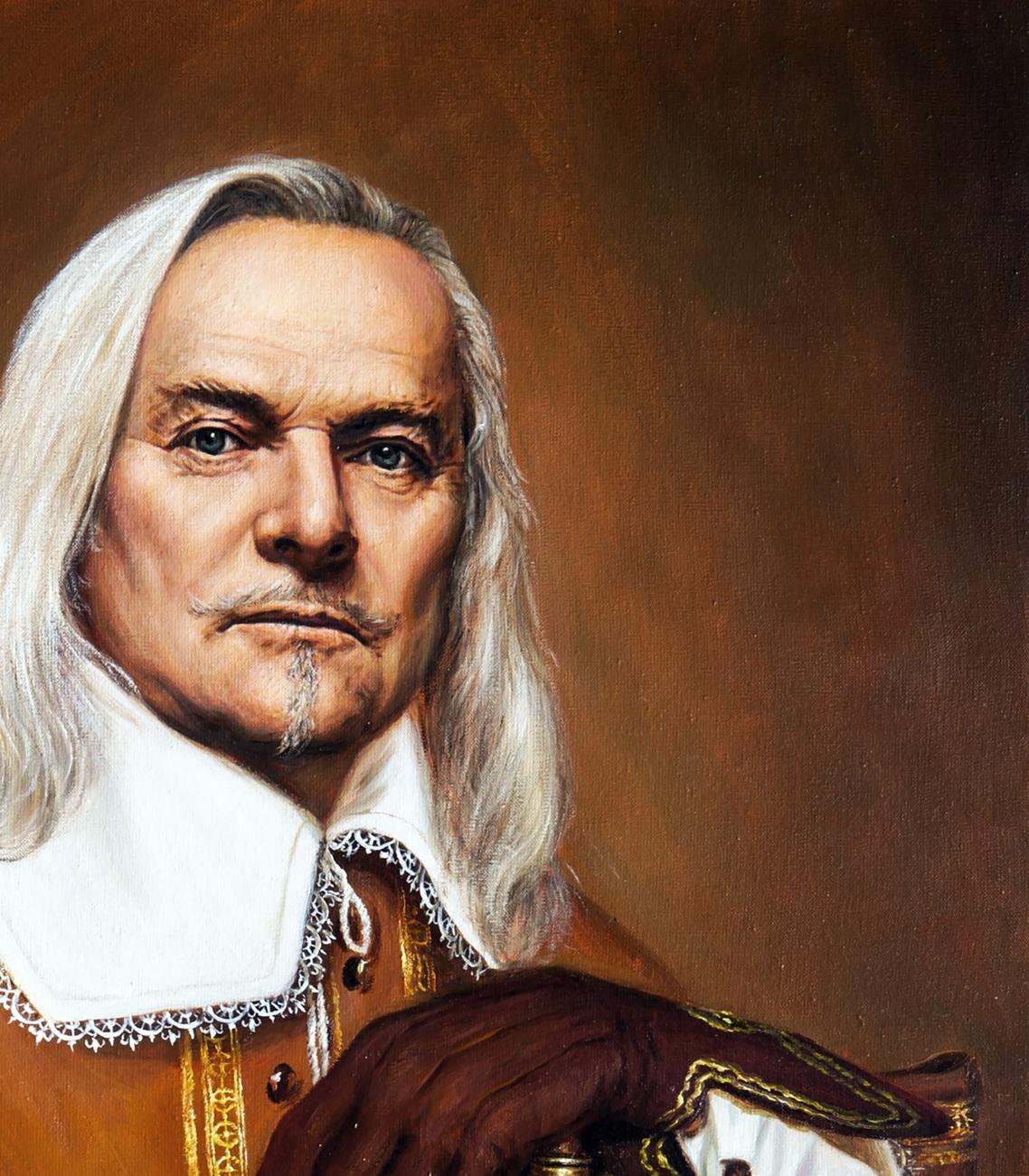 Oil painting portrait of Valeriy Bulat, man with long white hair in ornate doublet