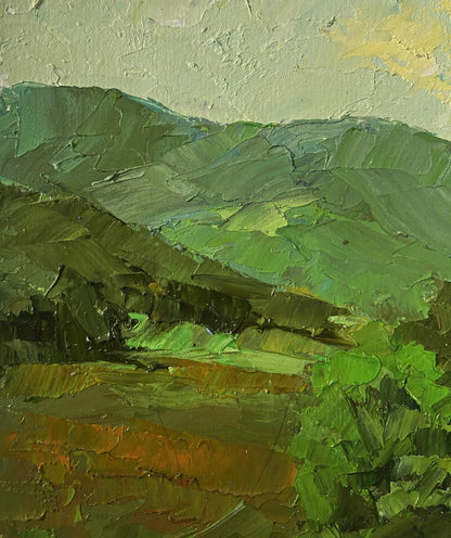 Oil painting of rolling green hills by Boris Serdyuk