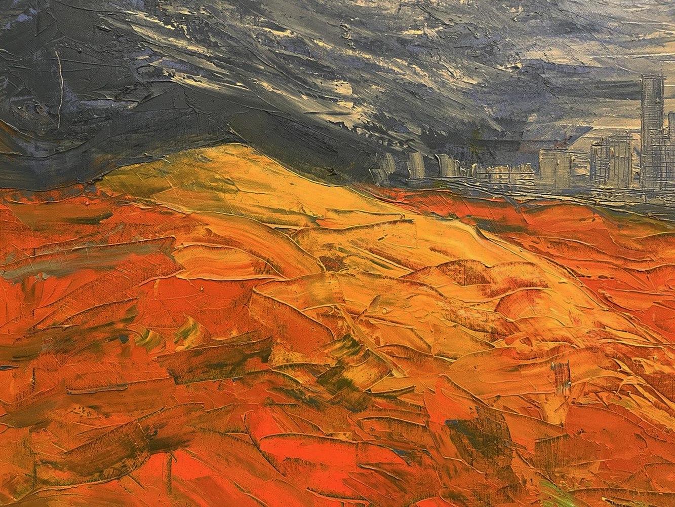 Oil painting Cidade Deserta by Serhiy Kovalev: fiery landscape under stormy skies