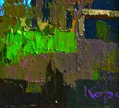 Oil painting Time Passes by Natalia Korf-Ivaniuk: vibrant green and brown abstract strokes on textured canvas