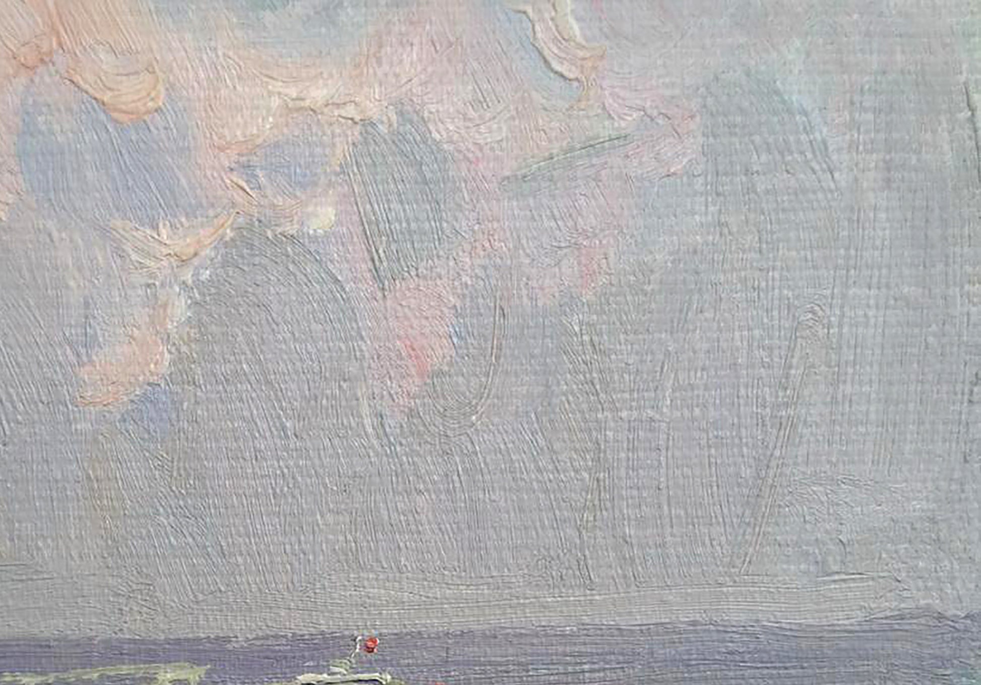 Oil painting Sea shores by Yury Konovalov in pale pink and blue-gray hues