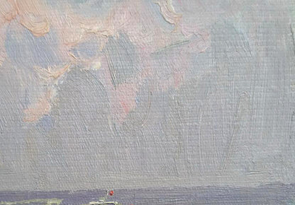 Oil painting Sea shores by Yury Konovalov in pale pink and blue-gray hues