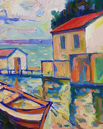Vibrant impressionist oil painting by Peter Dobrev: waterfront landscape with boat