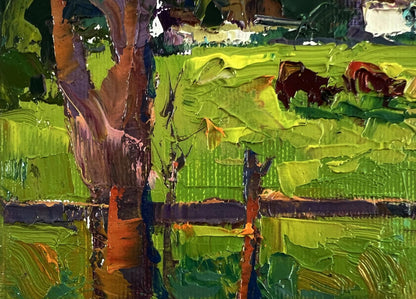 Vibrant impressionist oil painting of cows grazing in green meadow by Oksana Ivanyuk