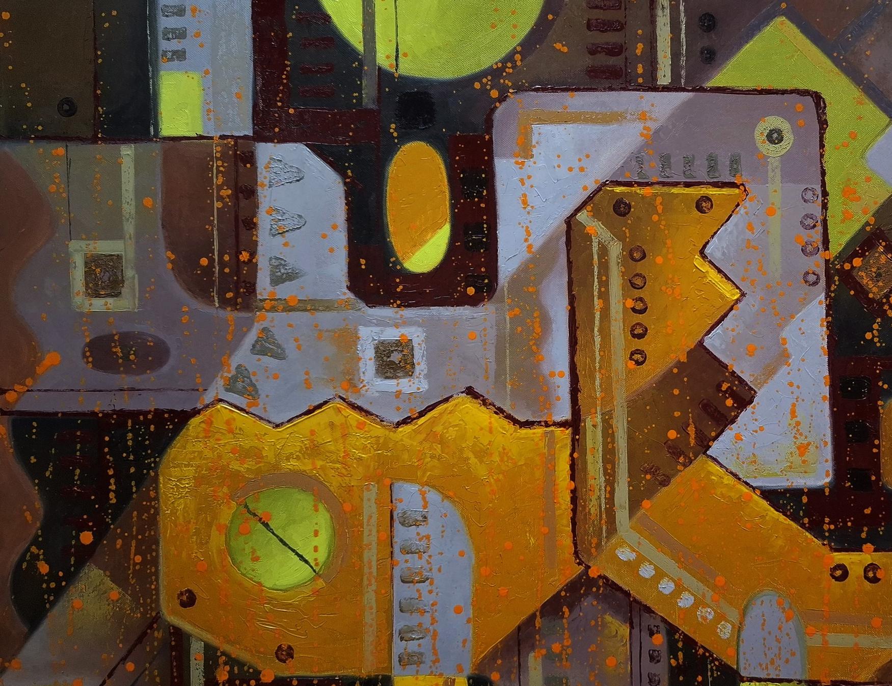 Oil painting by Sergiy Voichenko: abstract geometric shapes in gold, silver, earth tones, orange splatters