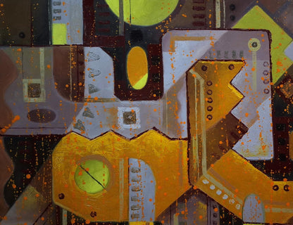 Oil painting by Sergiy Voichenko: abstract geometric shapes in gold, silver, earth tones, orange splatters
